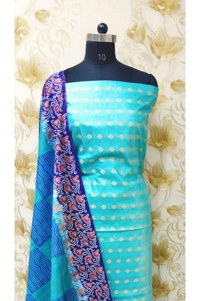 All Over Self Weaving Butta Work Sky Semi Kathan Silk Suit Fabric Set (SF62)